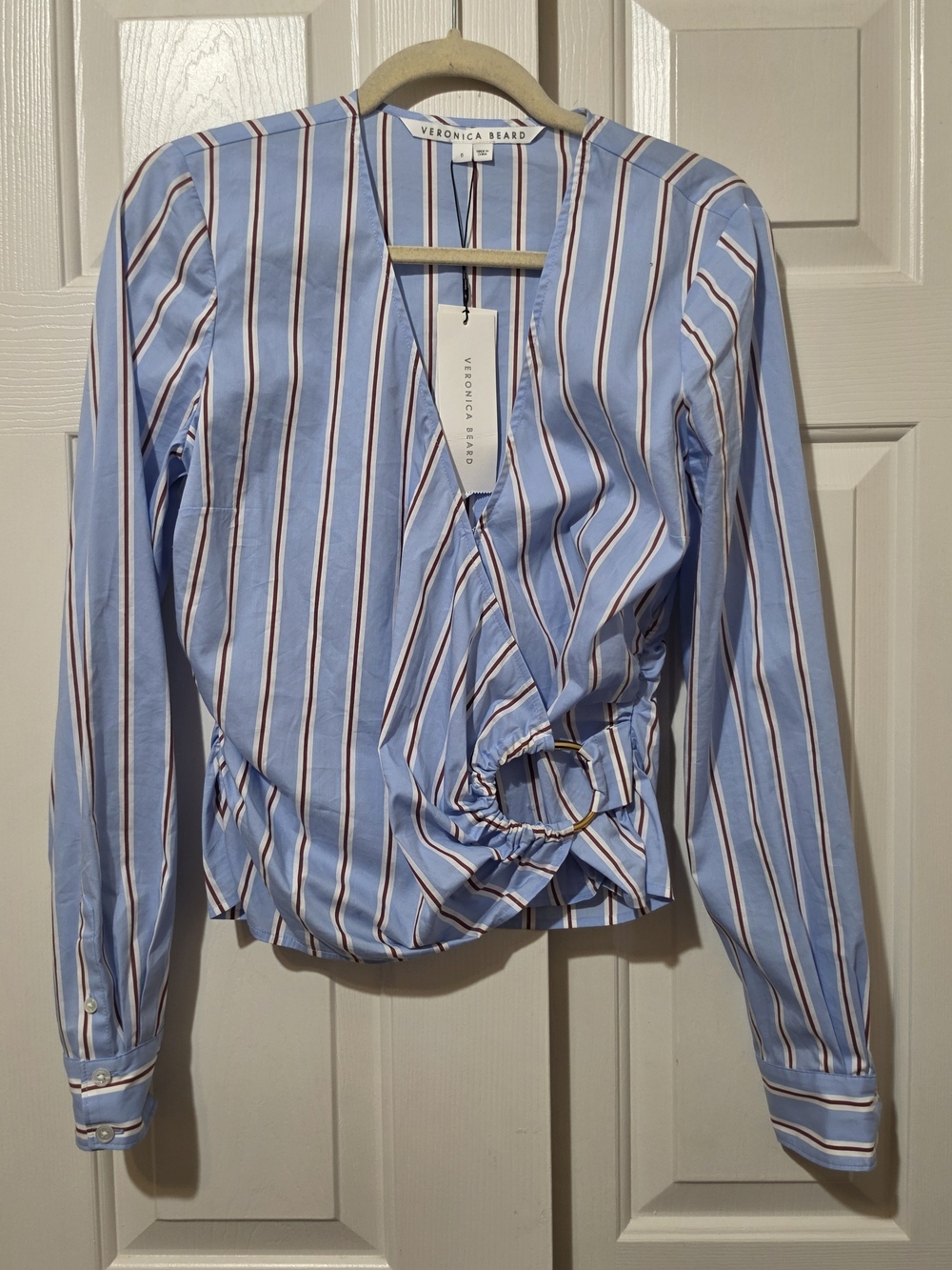 NWT Veronica Beard Ozzie Wrap Top Blue Stripe Size 6 Coporate Office Brunch